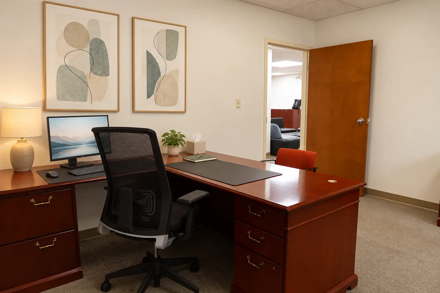 Calm therapist office with framed art 1
