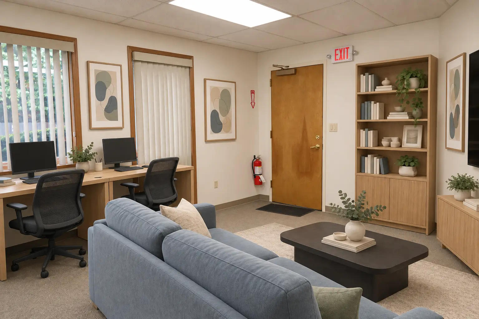 Minimalist oak and blue client lounge 1